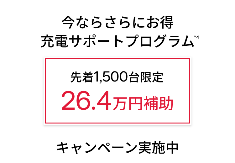 今ならさらにお得 充電サポートプログラム 先着1,500台限定 26.4万円補助 キャンペーン実施中