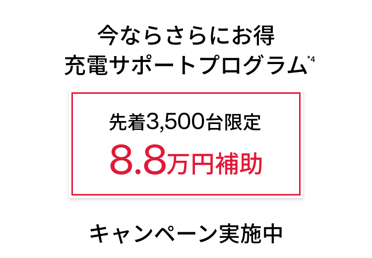 今ならさらにお得 充電サポートプログラム 先着3,500台限定 8.8万円補助 キャンペーン実施中